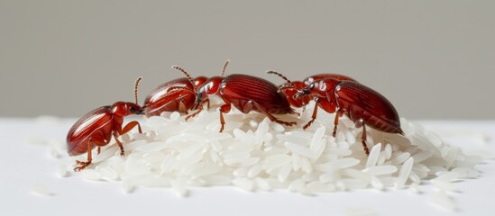 Vibrant red bugs perched on a mound of fresh white rice grains in the sunlight