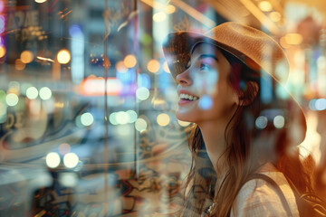 Young happy woman enjoying in window shopping in city