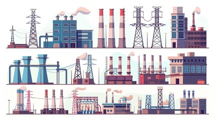 Substations and power plants set - obrazy, fototapety, plakaty