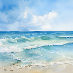 Sea wave on sandy beach. Nature background. Watercolor painting.