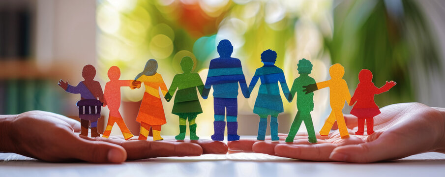 Inclusive Rainbow Paper Family Concept.
Multicoloured paper cutout figures on bright background, symbolising diversity and inclusion.