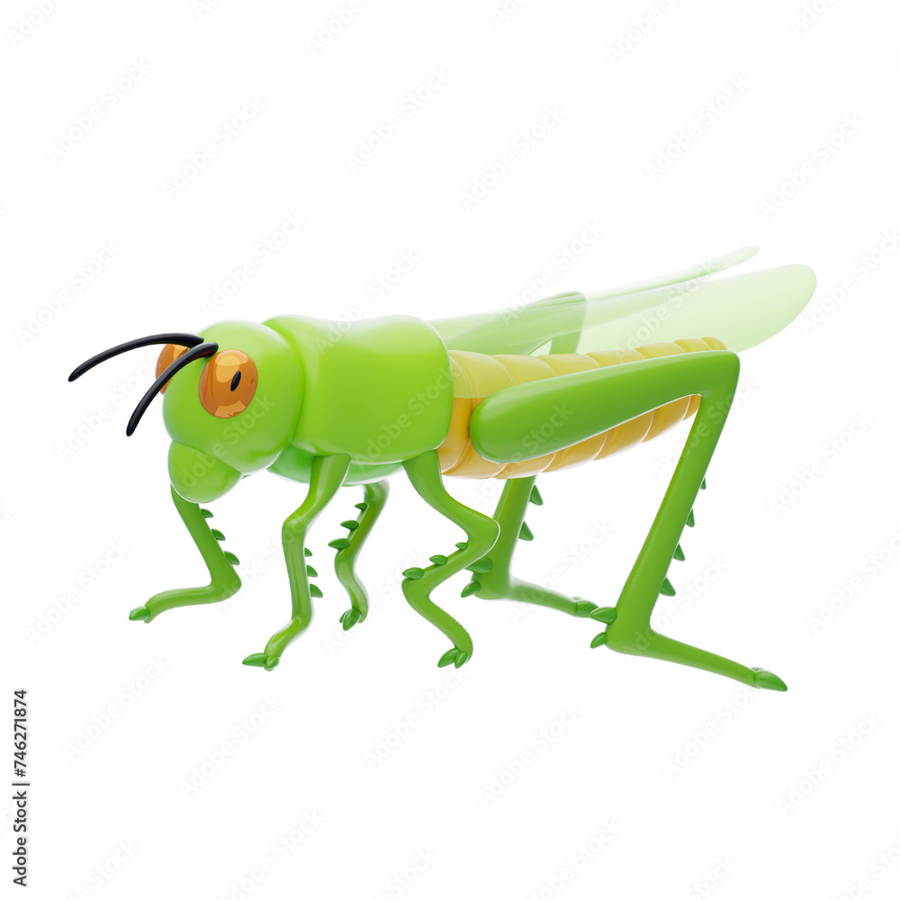 Aufkleber 3d grasshopper model agile insect of the grasslands. 3d illustration, 3d element, 3d rendering. 3d v