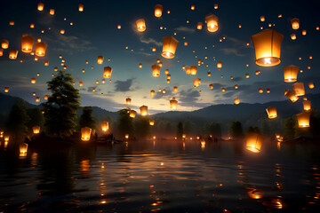 Floating lanterns in the sky at - obrazy, fototapety, plakaty
