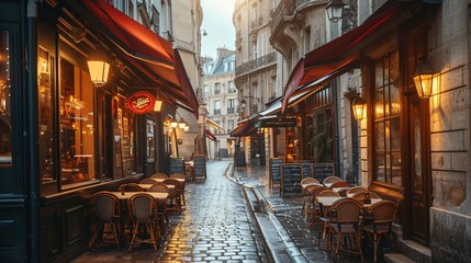 Historic Parisian street lined with cafe tables, offering a charming city view. - obrazy, fototapety, plakaty