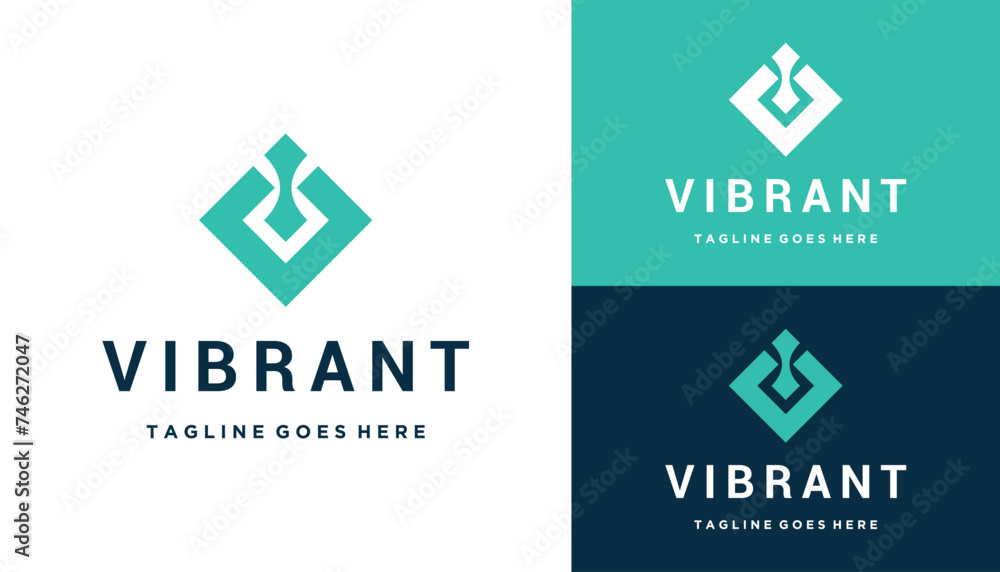 Poster modern initial letter v with digital data square pixels for connection network technology logo desig