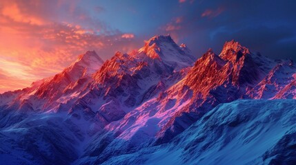 A majestic spring sunset in a mountainous terrain, with snow-capped peaks illuminated in a warm,...