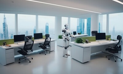 Fototapeta na wymiar Robotic Colleagues in Futuristic Office depicts two humanoid robots working in a sleek, modern office environment. AI Generated