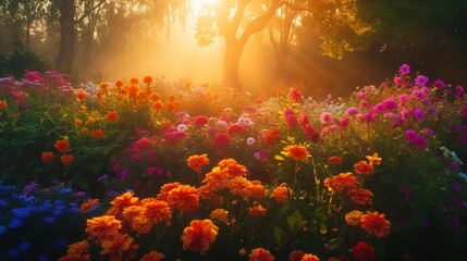 A mesmerizing sunrise over a botanical garden, where a variety of vibrant flowers unfold their petals in the early light.  - obrazy, fototapety, plakaty