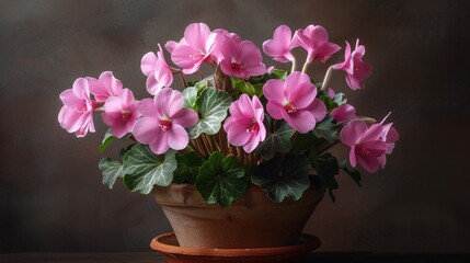 A potted arrangement of pink cyclamen blooms.