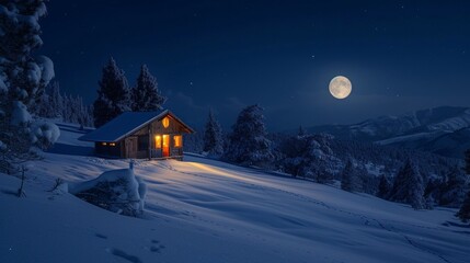 A moonlit night over a snow-covered landscape, with a small cabin illuminated from within, casting a warm glow against the cold, wintry surroundings.
