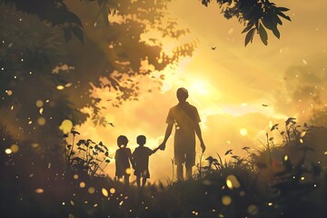 : Design a sentimental AI-generated picture illustrating a father and his kids engaged in a creative Father's Day activity, encapsulating the spirit of love and companionship 
 - obrazy, fototapety, plakaty