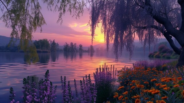 A peaceful spring evening as the sun sets over a tranquil lake, surrounded by weeping willows and colorful wildflowers. 