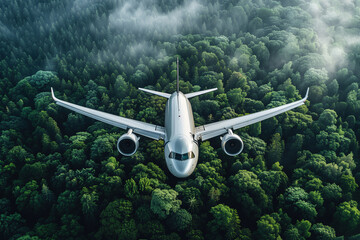 Passenger plane flying over a dense forest, top view. Front view of an airplane soaring in the sky,...