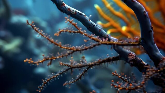 Closeup of a sea ss flexible body curving around delicate branches and grazing over py textures on its journey through the reef.