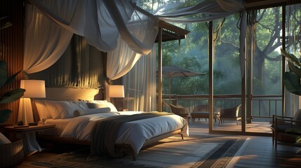 A serene bedroom with a canopy bed draped in sheer fabrics, soft, diffused lighting, and a private balcony overlooking a tranquil forest - obrazy, fototapety, plakaty