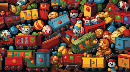 Fototapeta na wymiar Colorful Toy Trains and Trucks Piled Up. Generative AI