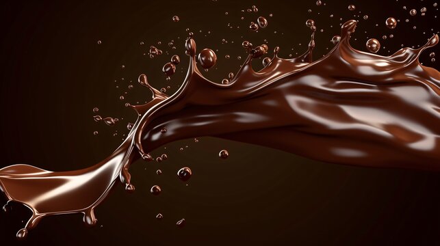 A lifelike stream of chocolate creates an alluring image of indulgence in a delightful dessert, captured in a 3D brown jet with flying drops.