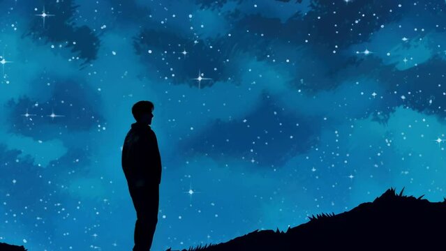 A person looking up at a starry night sky filled with a sense of yearning for soing beyond reach. Psychology art concept. .