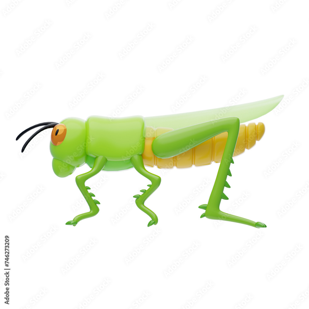 Aufkleber 3d grasshopper model agile insect of the grasslands. 3d illustration, 3d element, 3d rendering. 3d v