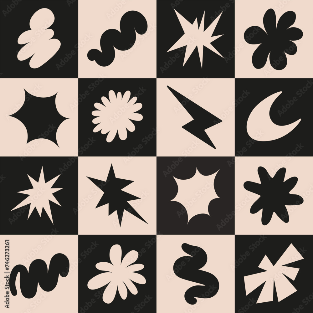 Poster Abstract seamless pattern with simple funky groovy shapes. Brutal background in style y2k, 00s. Black and beige colors. Modern collage vector illustration.
