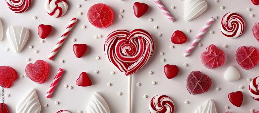 Poster a collection of red and white candies and lollipops arranged neatly on a plain white background. the