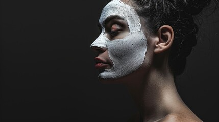 Stylish portrait of charming woman in luxury spa with cream face mask, copyspace, professional photo