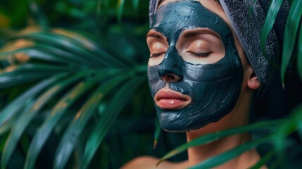 Stylish portrait of charming woman in luxury spa with clay face mask, copyspace, professional photo