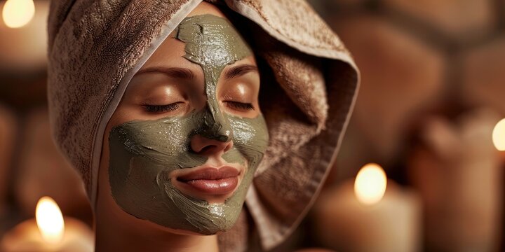 Stylish portrait of charming woman in luxury spa with clay face mask, professional photo