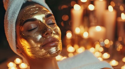 Stylish portrait of charming woman in luxury spa with golden face mask, professional photo