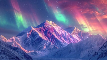 Denali, North America's tallest peak, under a vivid display of the Northern Lights. 