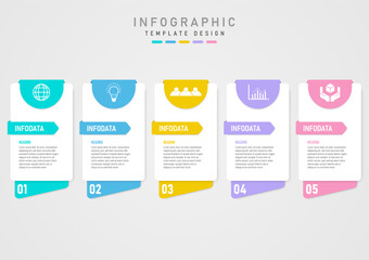 Infographic template 5 options white square text letters in the middle The top multi-colored semicircle has white icons, the bottom multi-colored square has numbers on a gray gradient background. - obrazy, fototapety, plakaty