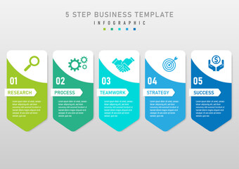 Infographic 5 steps to business planning to success Multi-colored acute-angled squares below a white background, text letters on a colored background. Multi-colored icons on white background