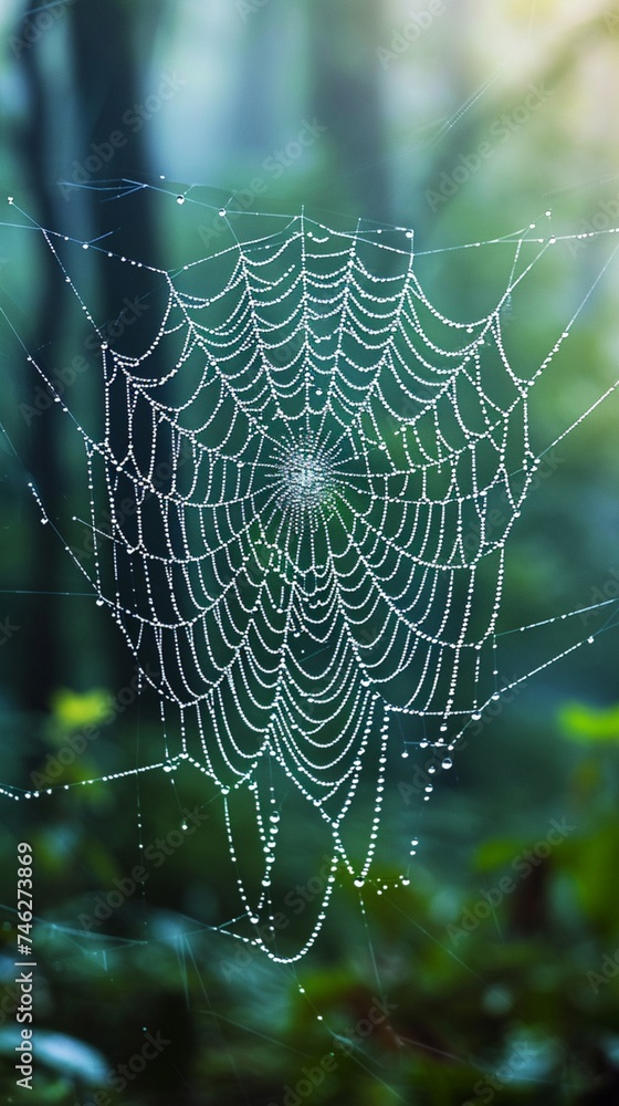 Aufkleber envision a close-up of a dew-covered spiderweb in a misty morning forest, capturing the delicate int