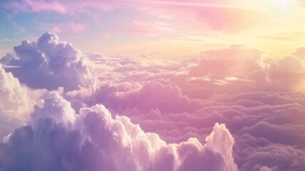 Beautiful sky on colorful gentle light day background. Sunny and fluffy clouds with fantasy tone,...