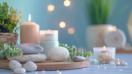 Fototapeta na wymiar Luxury spa still life staged photo with stones, candles and plants decorations, copyspace, pastel background, professional photo