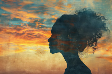 Contemplative woman silhouette against a dreamy sky