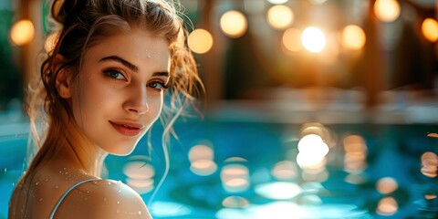 Stylish portrait of a charming woman in a luxury spa in a relaxing atmosphere, beautiful scenery, professional photo