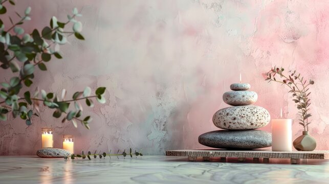 Luxury spa still life staged photo with stones, candles and plants decorations, copyspace, pastel background, professional photo