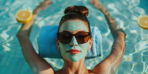 Stylish portrait of charming woman in luxury spa with gel face mask, professional photo