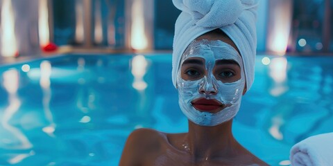 Stylish portrait of charming woman in luxury spa with cream-based face mask, professional photo