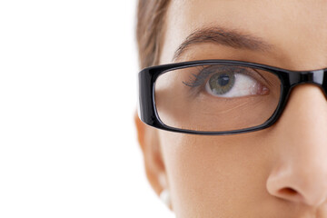Young woman, thinking and glasses for inspiration and eyecare for optometry in studio close up....