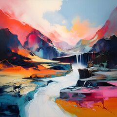 Waterfall in the mountains. Digital painting. Colorful landscape. - obrazy, fototapety, plakaty