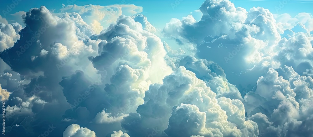Poster a vast expanse of blue sky fills the frame as fluffy white clouds float by, creating a mesmerizing d
