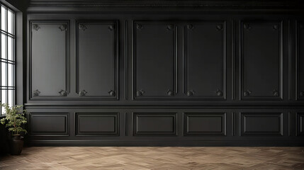 empty room with black wood wall panels background with wooden floor,Luxury wood paneling background or texture. highly crafted classic or traditional wood paneling, with a frame pattern, 