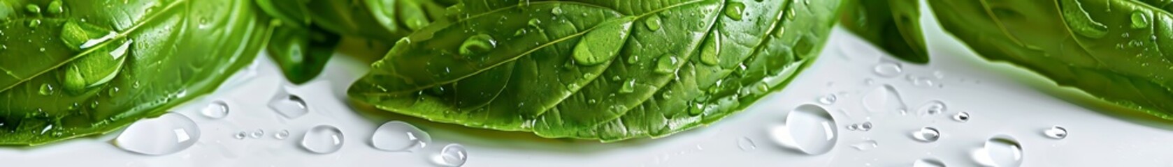 Fresh basil leaves vibrant green water droplets macro on white