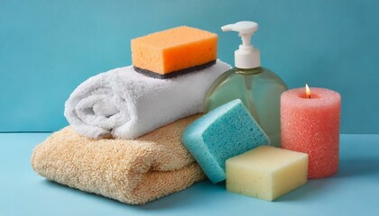 Baby cosmetic products, bath ducks, sponge and towels on light blue background. Space for text