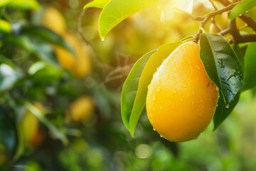 Sun-Kissed Splendor: A single ripe mango, heavy with sweetness, hangs from its tree.