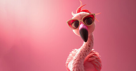 Stylish Summer Vibes: A charming pink flamingo donning trendy sunglasses, set against a vibrant pink background. This captivating image radiates fun and is perfect for seasonal designs or fashion conc