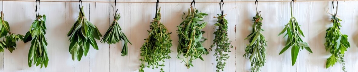Fresh herb hanging bundles culinary and aromatic kitchen decor - obrazy, fototapety, plakaty