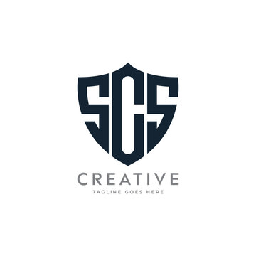 Letter "SCS" monogram and shield sign combination. Line art logo design. Symbolizes reliability, safety, power, security.